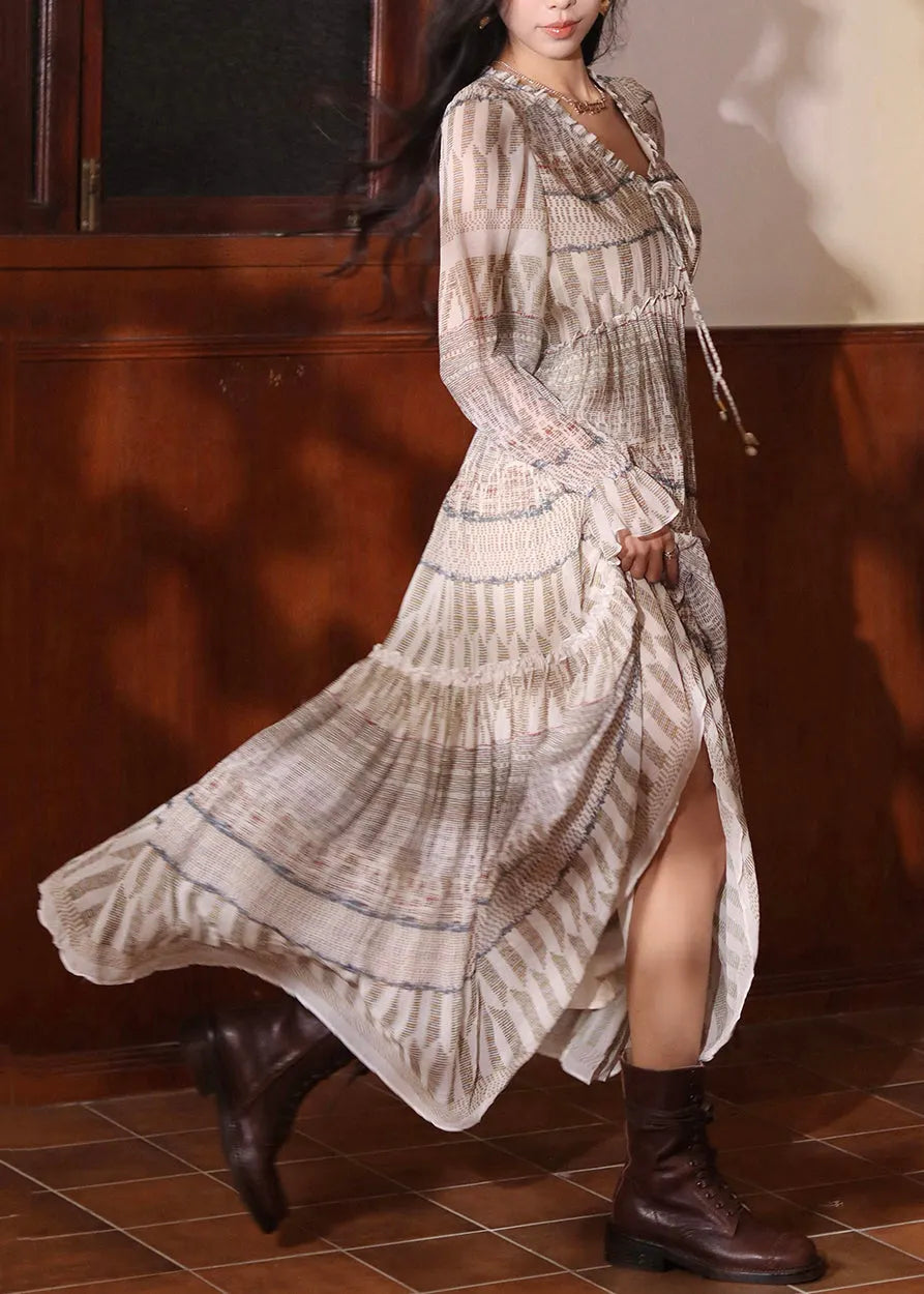 Ruffled Print Lace Up Cotton Maxi Dresses Flare Sleeve
