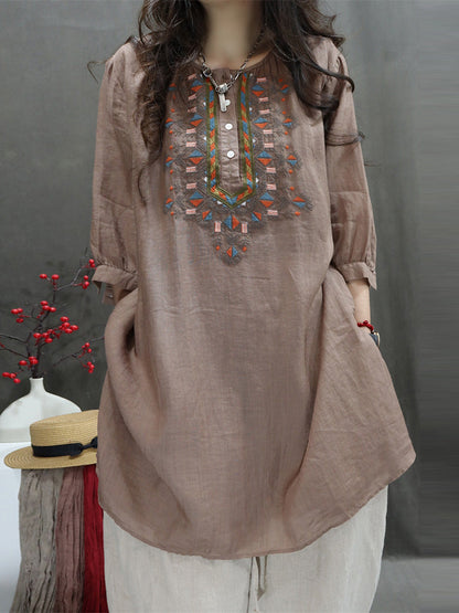 Summer Retro Embroidery O-neck Ramie Shirt