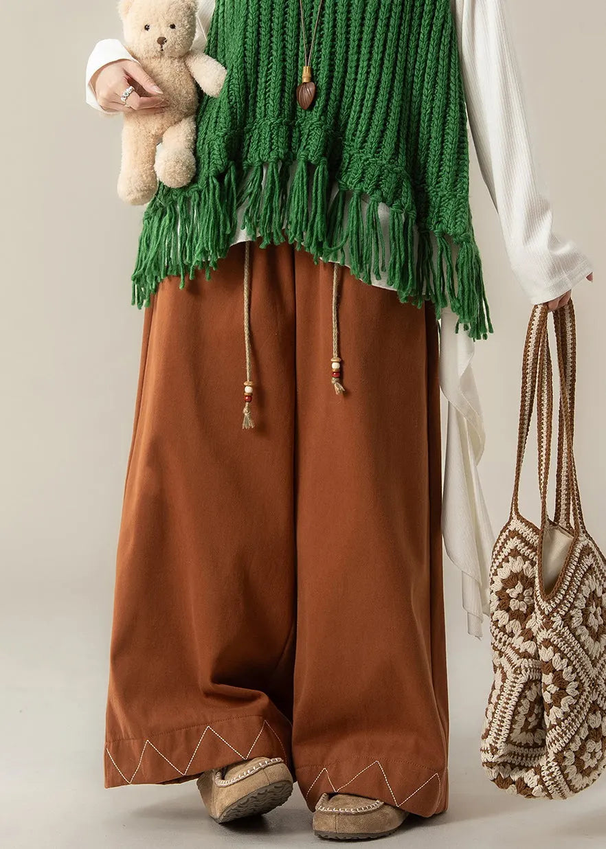Loose Orange Drawstring Cotton Wide Leg Pants Fall