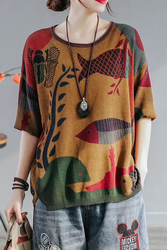 New Style Small Fish Print Sweater Loose Knit Sweater Top