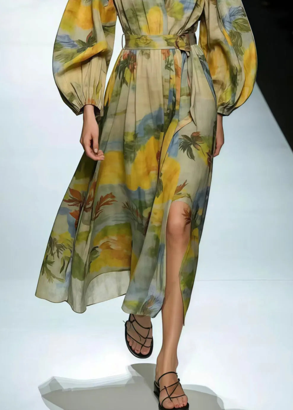 Modern Light Green V Neck Print Cotton Tunic Dress Spring