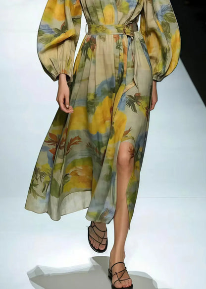 Modern Light Green V Neck Print Cotton Tunic Dress Spring