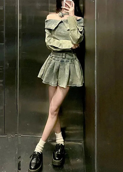 Modern Blue Slash Neck Wrinkled Denim Mini Dresses Spring