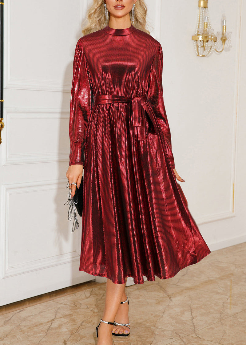 Mulberry Stand Collar Tie Waist Silk Party Dress Fall