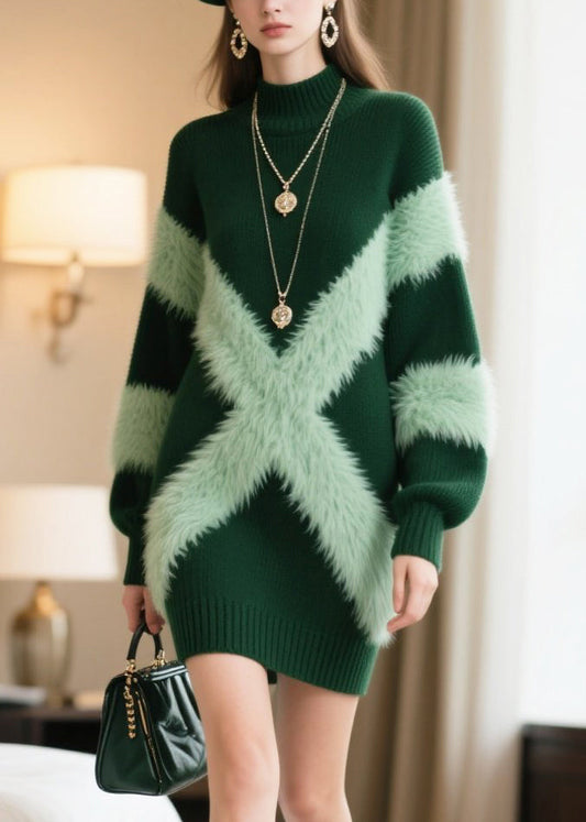 Green Patchwork Faux Fur Knitwear Dress Winter