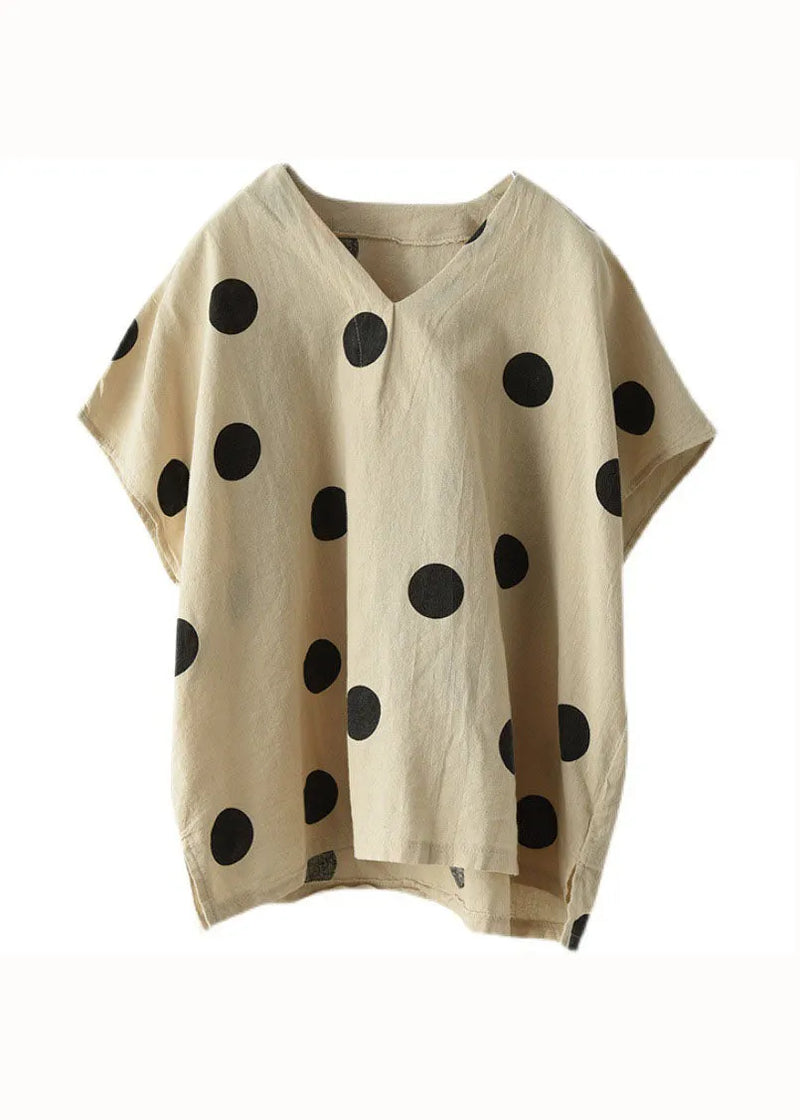 Light Khaki V Neck Print Patchwork Linen T Shirt Tops Summer