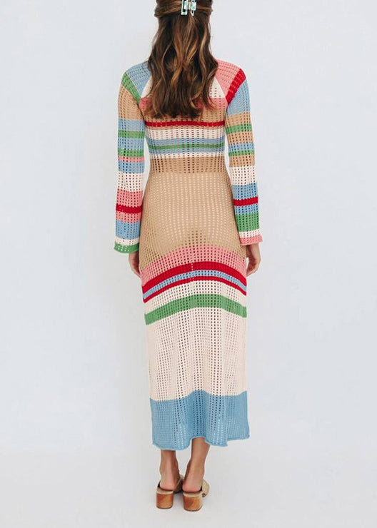 Contrasting Color U-neck Hollow Out Knit Cover Up