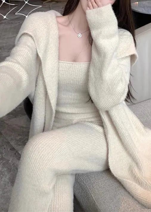 Classy Beige Tie Waist Coat Tank and Pants Knit Three Pieces Set Winter