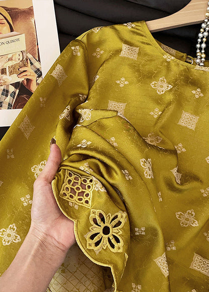 Yellow O Neck Print Hollow Out Silk Shirt Tops Fall