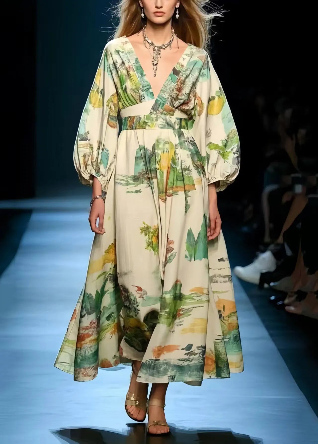 Print Exra Large Hem Cotton Long Dress Spring
