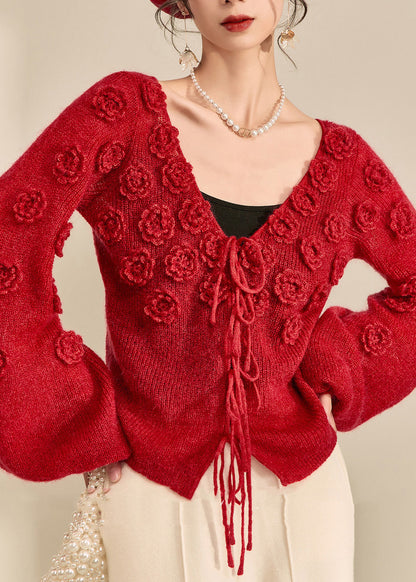 Style Red V Neck Drawstring Cotton Knit Sweater Lantern Sleeve