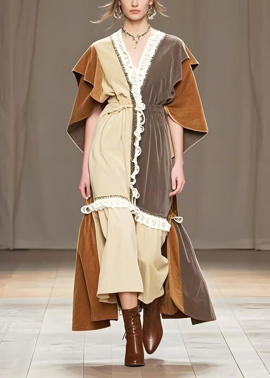 Original Design Colorblock Asymmetrical Lace Patchwork Corduroy Dress Cloak Sleeves