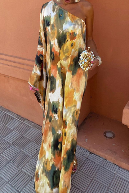 Street Geometric Print Irregular Contrast Sloping Shoulder Irregular Dresses