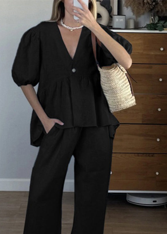 Brief Blue V Neck Shirts and Wide Leg Pants Two Piece Set Short Sleeve