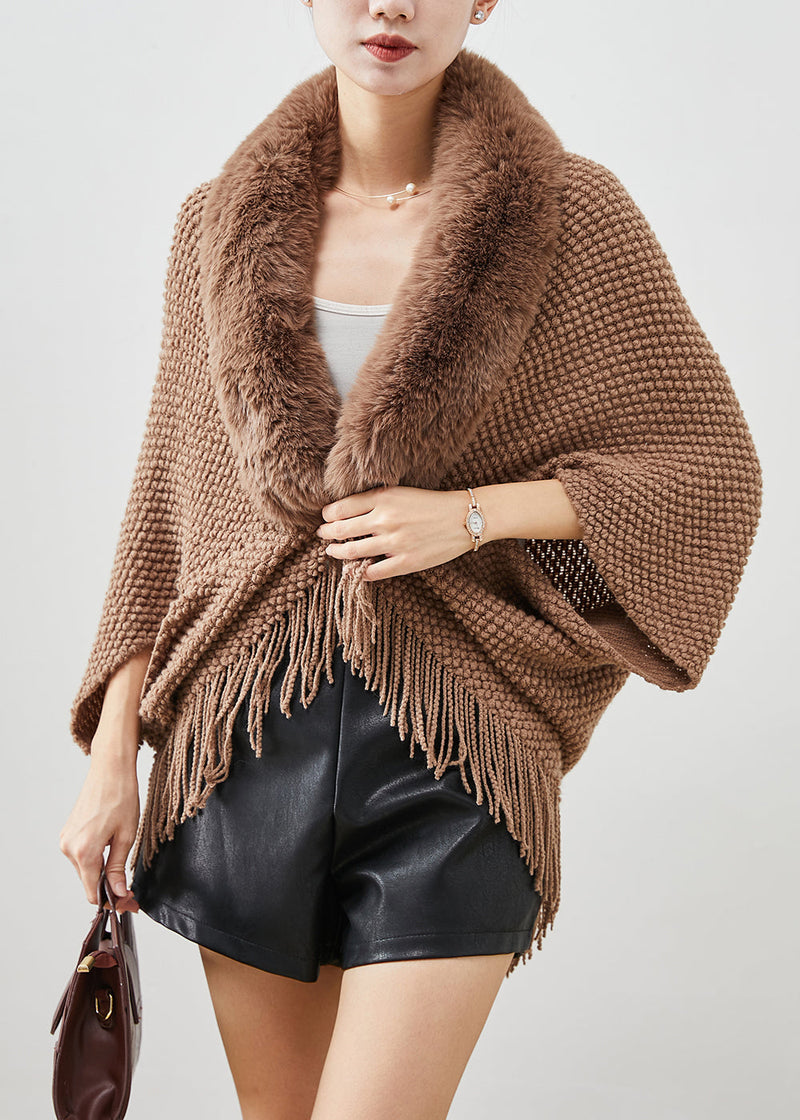 Brown Fur Collar Tasseled Knit Cardigans Fall