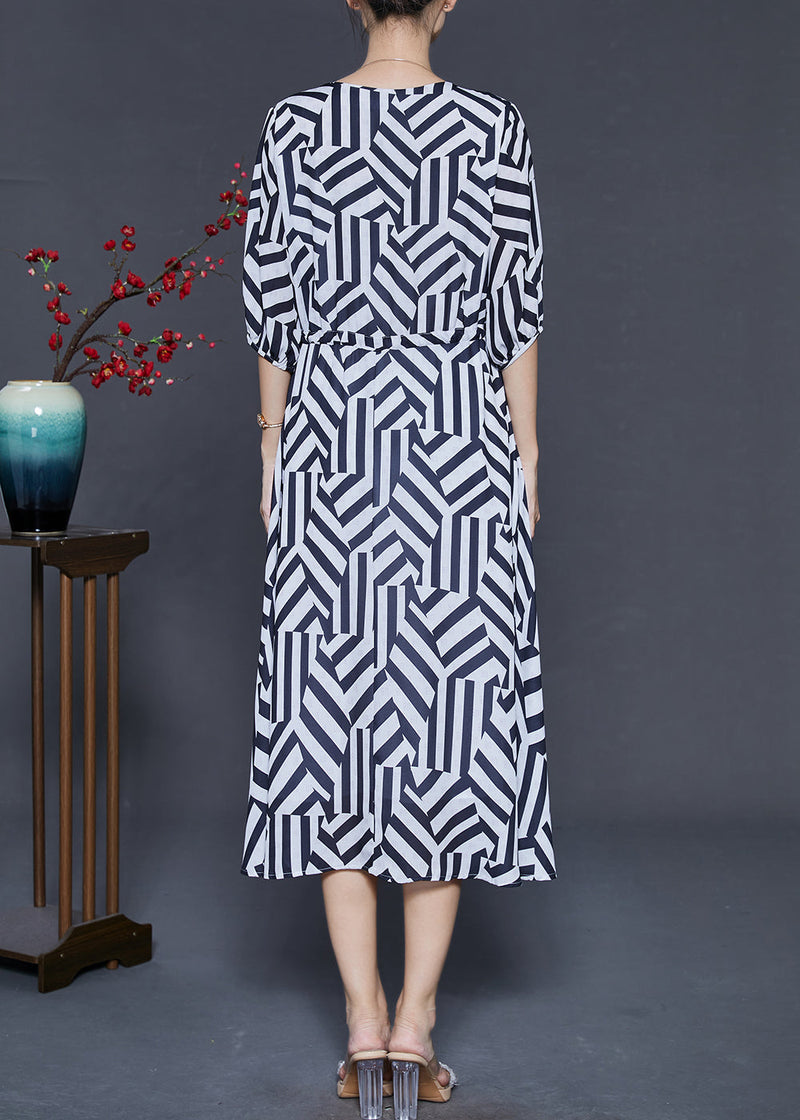 Black Cinched Striped Chiffon Dress Summer