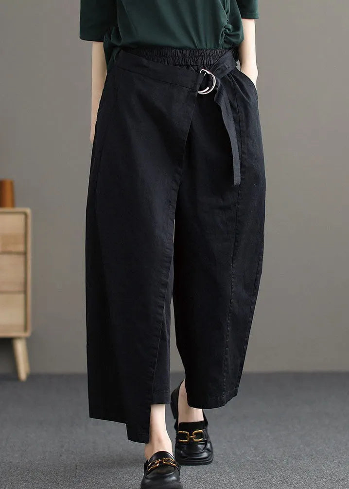 Black Asymmetrical Design Pockets Cotton Pants Summer