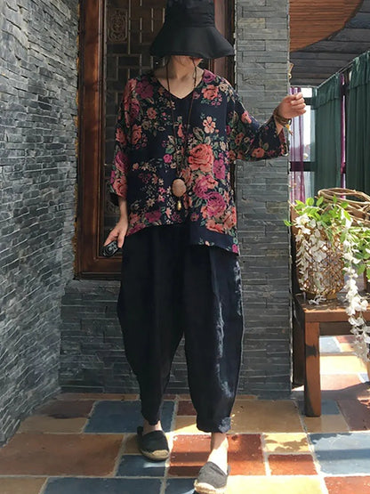 V-neck Long Sleeve Cotton Blouse Shirt