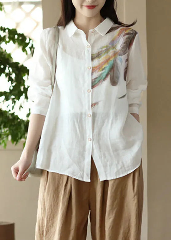 White Peter Pan Collar Print Ramie Shirts Spring