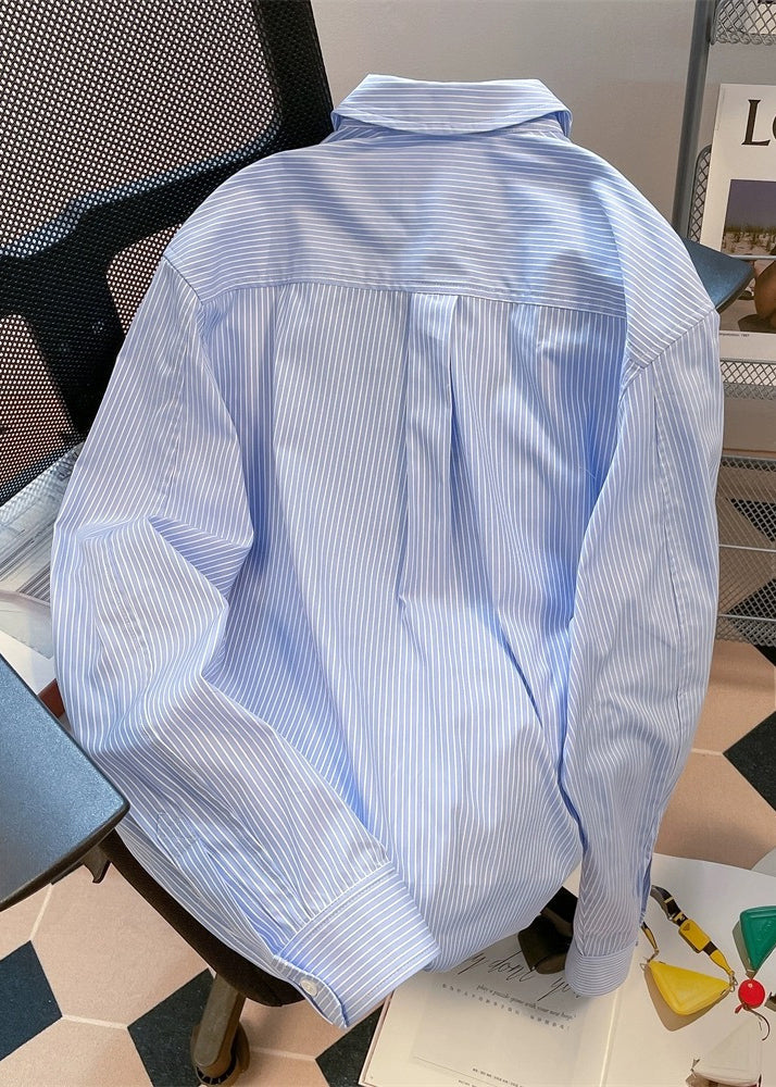 Fitted Blue Peter Pan Collar Hollow Out Plaid Cotton Shirts Fall