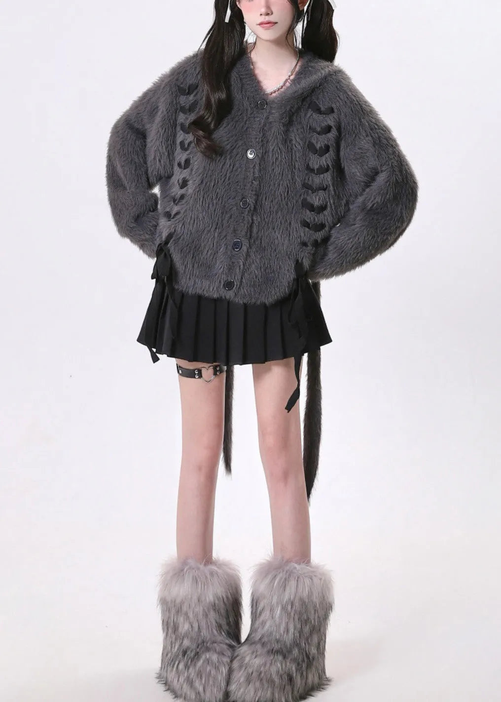 Dark Grey Oversized Bow Knit Rabbit Ears Hoodies Outwear Spring