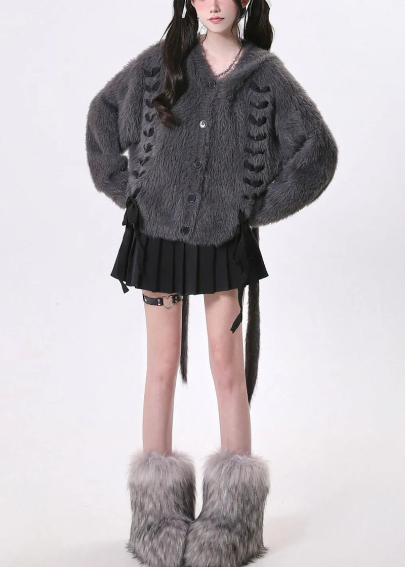 Dark Grey Oversized Bow Knit Rabbit Ears Hoodies Outwear Spring