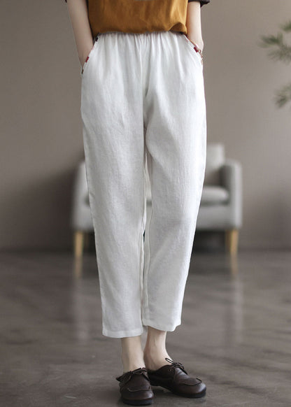 White Elastic Waist Linen Harem Pants Summer