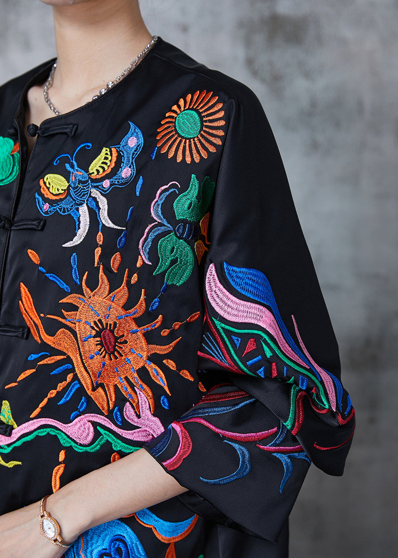 Black Embroidered Chinese Button Silk Coats Fall