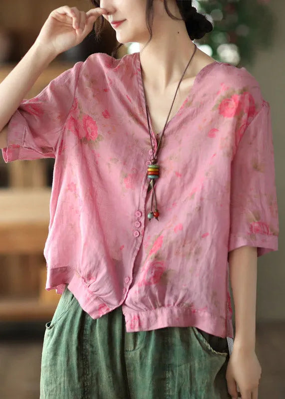 Italian Gray Texture V Neck Print Button Linen Top Half Sleeve