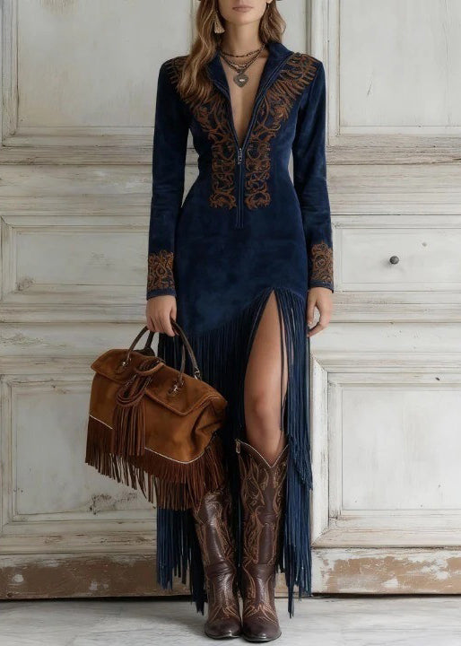 Blue Tassel Patchwork Faux Suede Dresses Spring