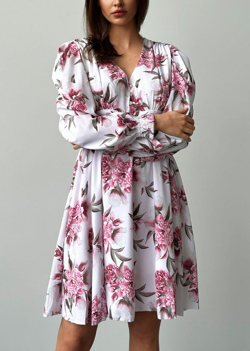 French V Neck Print Wrinkled Chiffon Mid Dresses Spring