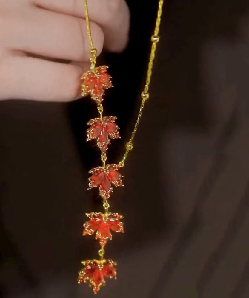 Red Sterling Silver Overgild Maple Leaf Pendant Necklace
