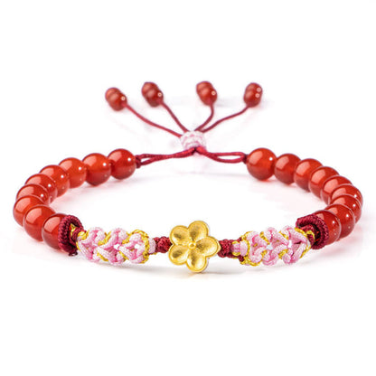 Buddha Stones 999 Sterling Silver Natural Red Agate Pink Crystal Cherry Blossom Bracelet
