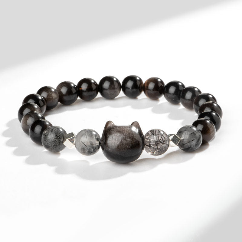 Buddha Stones Natural Silver Sheen Obsidian Cat Head Protection Bracelet