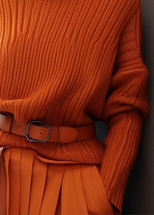Simple Orange Turtleneck Thick Knit Sweaters Spring