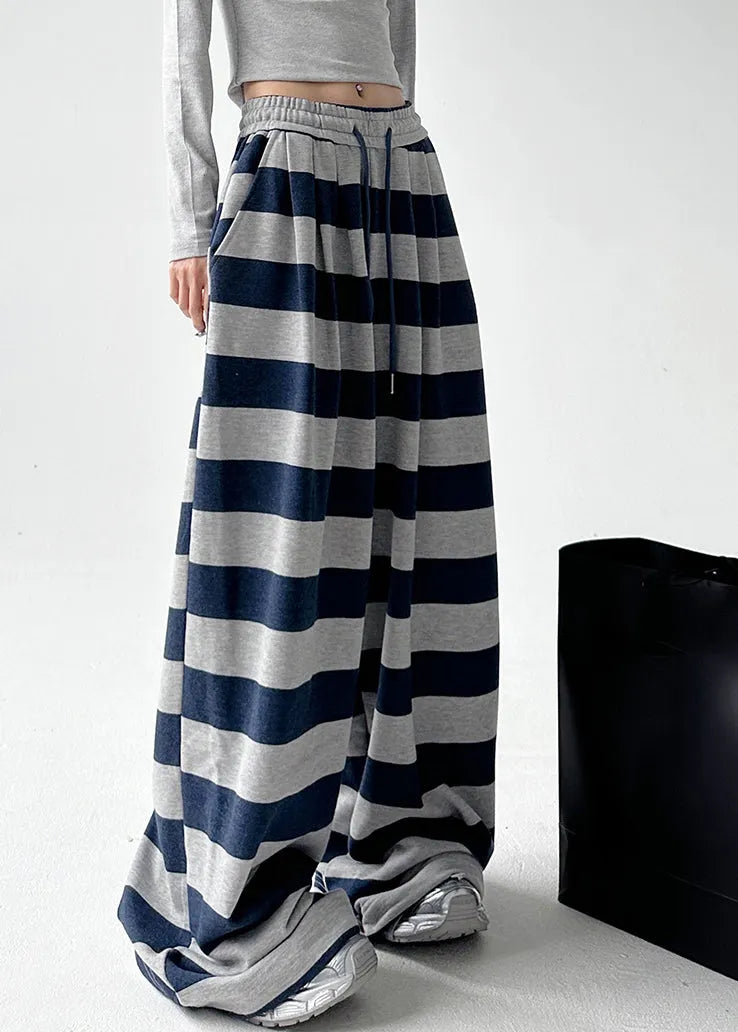 Navy Pockets Drawstring Straight Pants Spring