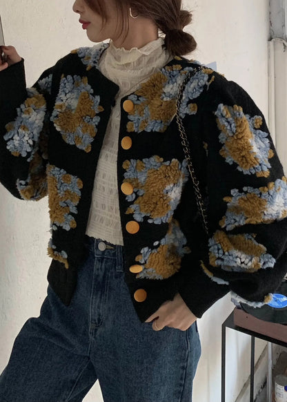 Handmade Black Embroidered Faux Fur Jacket Spring