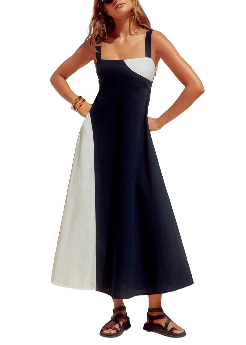 Holiday Style Navy Patchwork Cotton Spaghetti Strap Dresses Summer