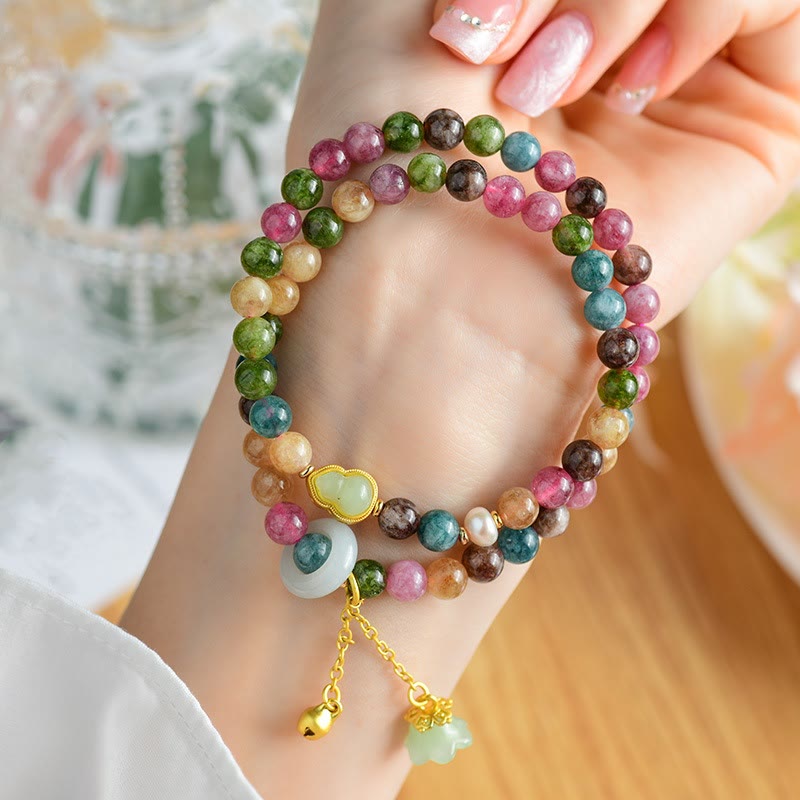 Buddha Stones Multicolored Tourmaline Gourd Wisdom Double Wrap Lily of the Valley Charm Bracelet