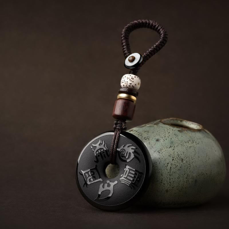 Buddha Stones Black Obsidian Taoism Five Sacred Mountains Carved Strength Peace Buckle Necklace Pendant Key Chain Phone Hanging Decoration