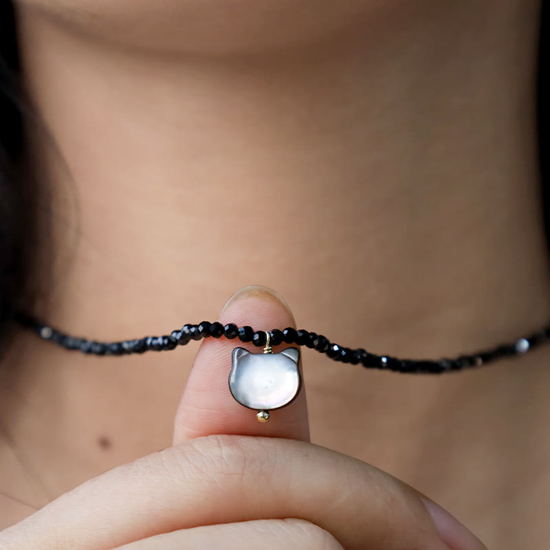 Buddha Stones Black Spinel Cat Motivate Choker Necklace