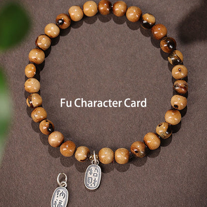 Buddha Stones 925 Sterling Silver Natural Golden Sea Willow Zakiram Goddess of Wealth Lucky Fortune Fu Character Success Bracelet