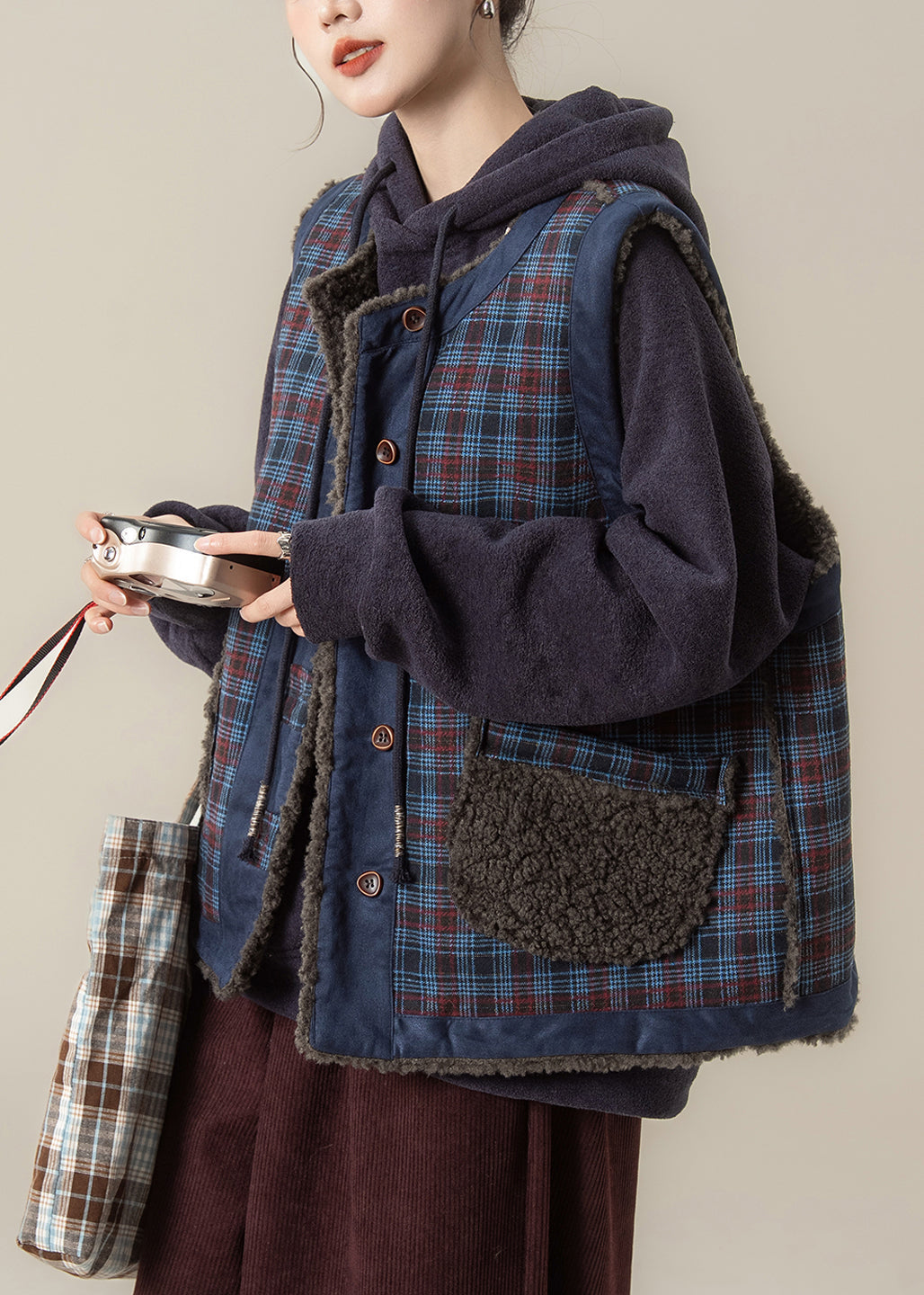 Blue Plaid O-neck Pockets Warm Faux Fur Waistcoat Winter