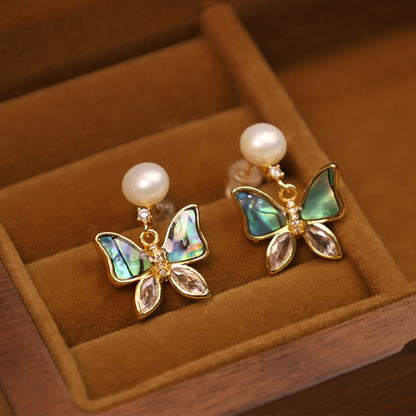 Buddha Stones 18k Gold Plated Copper Natural Shell Pearl Butterfly Sincerity Stud Earrings
