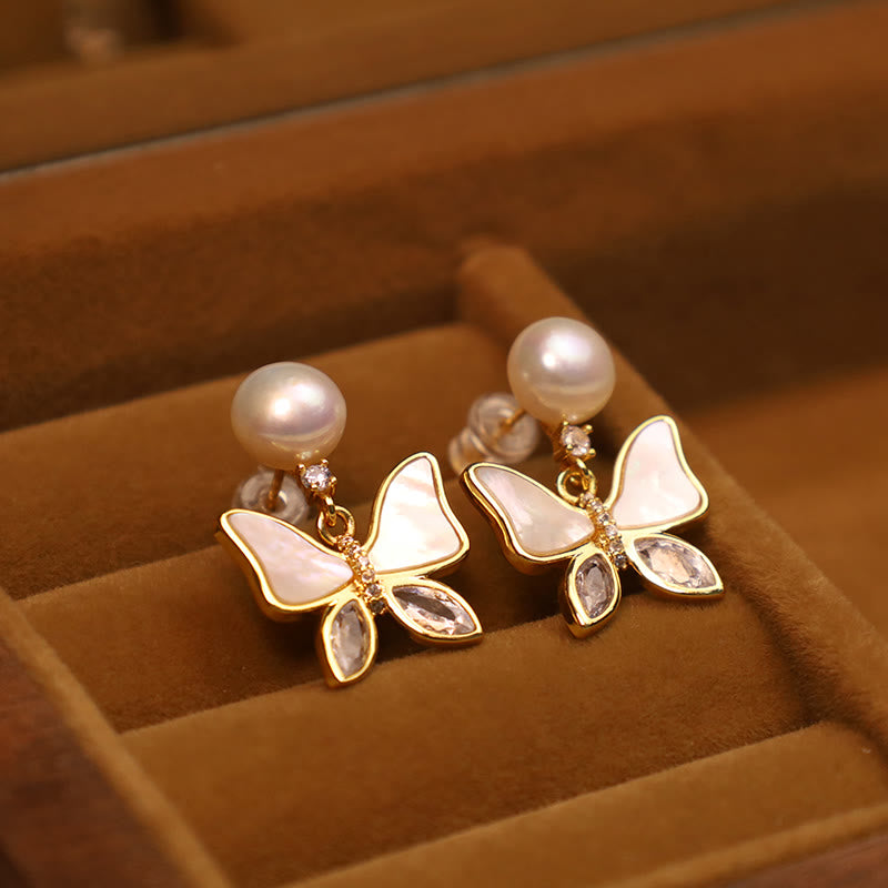 Buddha Stones 18k Gold Plated Copper Natural Shell Pearl Butterfly Sincerity Stud Earrings