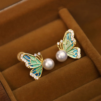 Buddha Stones 925 Sterling Silver Posts 18k Gold Plated Copper Natural Pearl Butterfly Healing Stud Earrings
