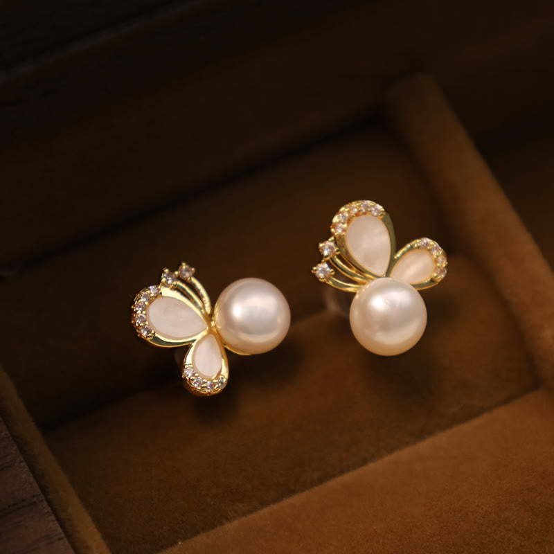 Buddha Stones 925 Sterling Silver Posts 18k Gold Plated Copper Natural Pearl Butterfly Zircon Healing Stud Earrings