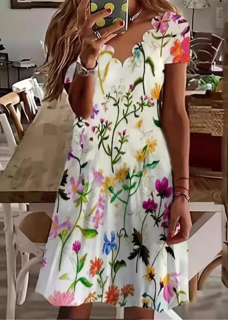 V Neck Print Cotton Loose Dress Summer