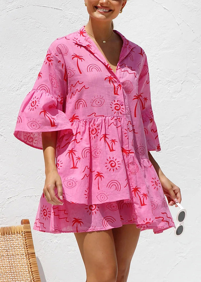 New Apricot Asymmetrical Print Patchwork Short Cotton Shirts Dress Summer