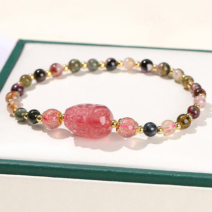 Buddha Stones Moonstone Strawberry Quartz Tourmaline Pixiu Healing Bracelet